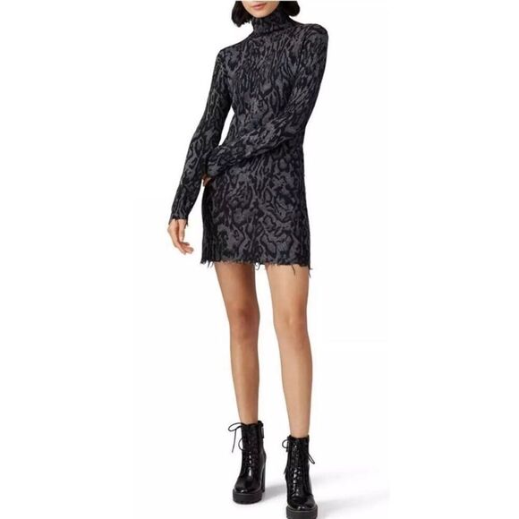 Pam & Gela Cashmere Blend Ocelot Mock Neck Distressed Frayed Hem Mini Dress M - Picture 1 of 16